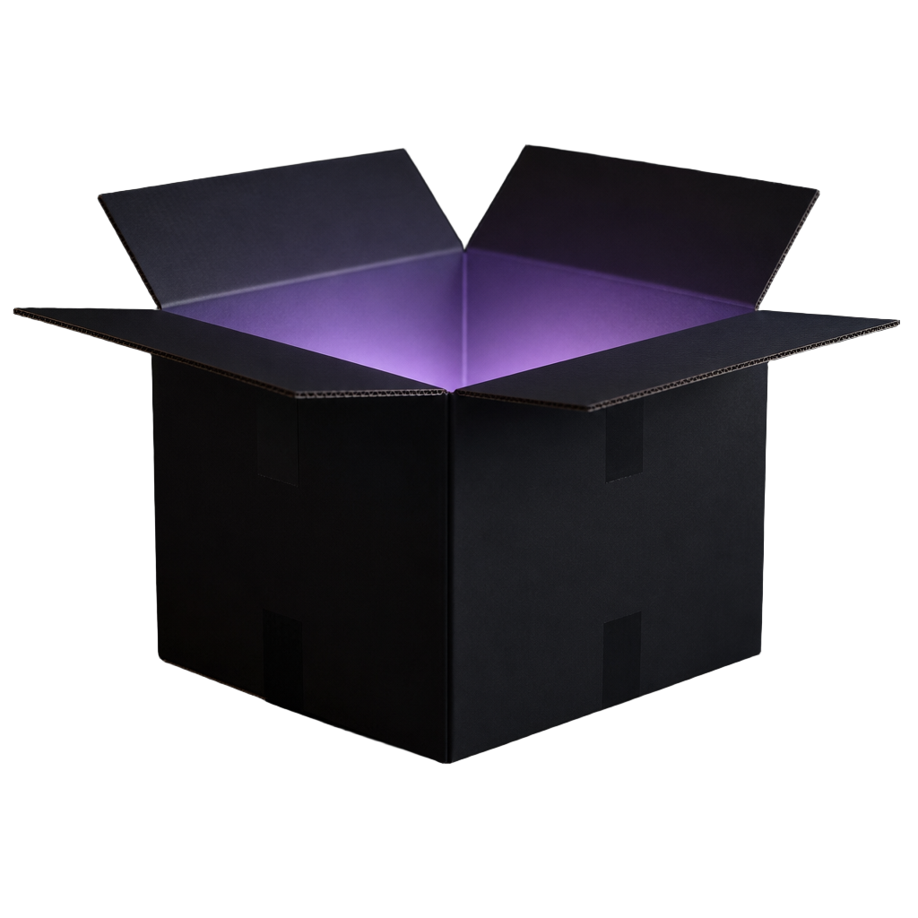 Offener schwarzer Karton mit lavendelfarbenem Licht — GELDSKLAVEN BUSINESS IN A BOX